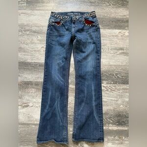 Cowgirl Tuff Dark Blue Flare Jeans with Studded Pocket Trim